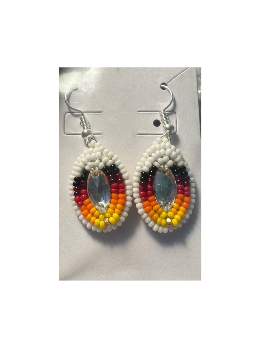 Handmade Beaded White Multi-Color Teardrop Earrings
